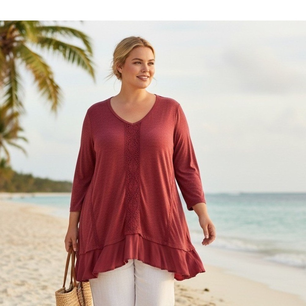 St Johns Bay Women XXL Burgundy Crochet Lace V-Neck Ruffle Hem Tunic Top 3/4 Slv